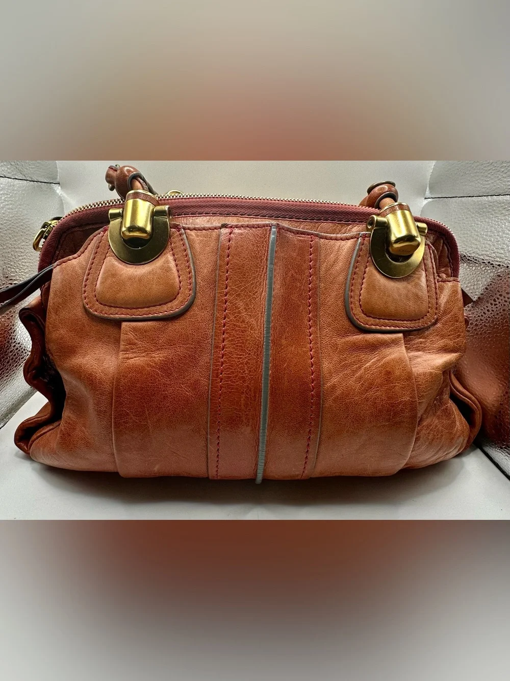 Chloé HELOISE HANDBAG Rust Leather Satchel with Braided Handle and Gold Hardware